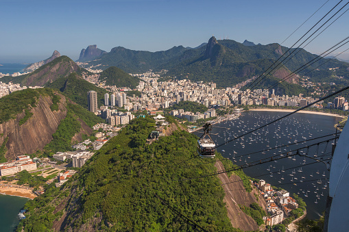 Rio de janeiro, Brazil. 24.05.22. Sugarloaf Mountain Cable Car. Aerial view of the city. Urca hill, Red beach, Urca neighborhood, Botafogo beach and marina, Corcovado hill and Christ statue.