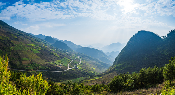 Ha Giang landscape in Northern Vietnam. Popular Ha Giang Loop tour route scenery in Vietnam