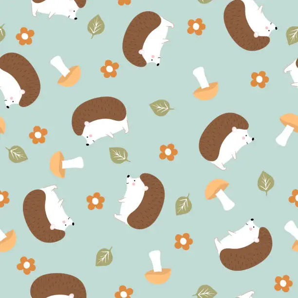 Vector illustration of Seamless pattern with cute hedgehog and flowers. Perfect for wallpaper, gift paper, template fill, fabric