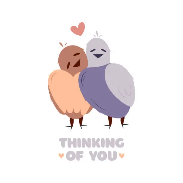 Vector illustration of Hand draw two bird with heart. Valentine's day poscard with lettering thinking of you.Peach fuzz, pink, brown, purple and red colors. Vector illustration on white background.Doodle style.