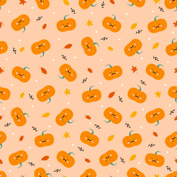 funny pumpkins with leaves and twigs. seamless pattern - twig decoration orange blue点のイラスト素材／クリップアート素材／マンガ素材／アイコン素材