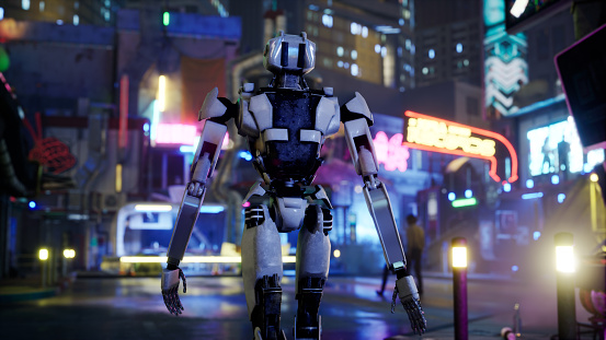 robot walking along a street in a big city. humanoid AI robot crossing street. 3d render. future automation job
