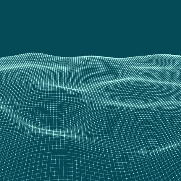Vector illustration of Digital wave grid landscape on dark background.