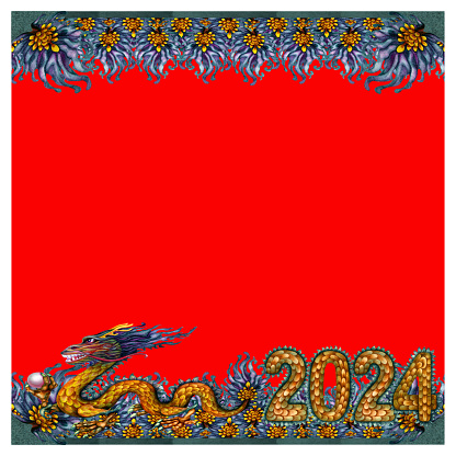 Watercolor borders with green wooden dragon with magic pearl and numbers 2024 hand drawn with dragon scale texture. Lunar New Year symbol illustration elements isolated on red background.