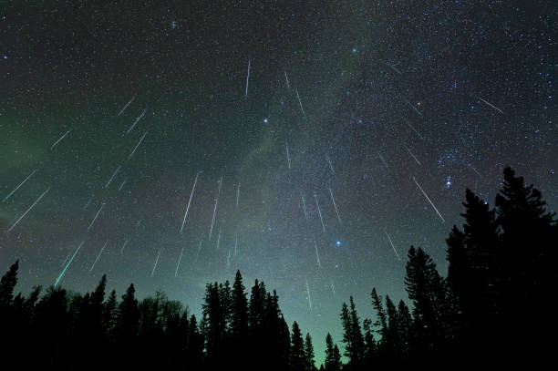 istock Meteor shower composite created from 47 individual photos that includes a green colored sky resulting form active aurora. 1902961643