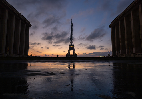 Sunrise on Tour Eiffel. The Trocadero place is empty during pandemic Covid 19 virus in Europe, without  tourists. Paris, in France. June 23, 2020.