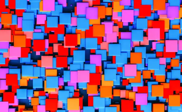 The image depicts a densely packed assortment of squares in a rich mosaic. Each square appears to be floating in space, with no visible support or pattern. The squares come in a variety of bold and pastel colors, including shades of blue, red, orange, and pink, set against a shadowed background that provides a strong contrast to the vivid colors.