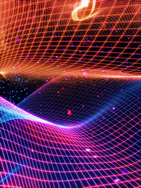 This image presents a visually striking digital landscape that resembles a neon-infused topographical map. It features a wireframe mesh that undulates in waves, simulating hills and valleys, rendered in vibrant hues of pink, purple, and blue against a deep, starry night sky. The grid lines glow with a luminous intensity, suggesting a scene from a virtual reality or a futuristic cyberspace