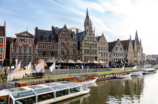 Panoramic view with Saint Nicholas Church in Gent in a beautiful summer day, Belgium