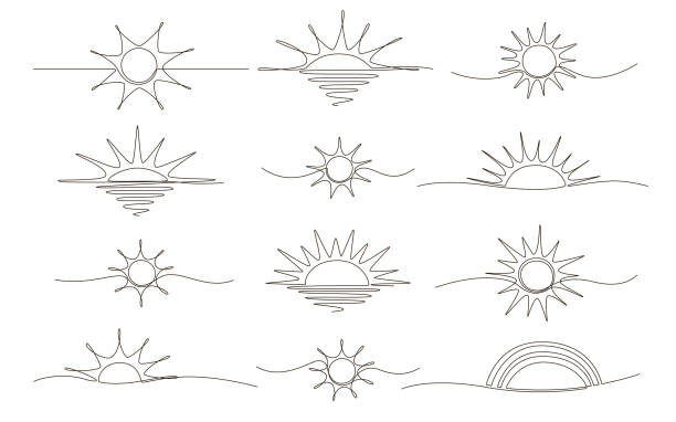 illustrations, cliparts, dessins animés et icônes de ensemble de soleil continu une ligne icône dessin sur fond blanc - silhouette nautical vessel sea morning