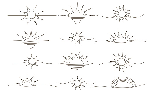 Set of sun continuous one line icon drawing on white background. Hot temperature and summer sea travel symbol vector illustration in doodle style. Summer sun contour line sign