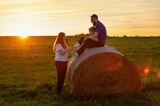 istock Young harmonious family in rural fields at evening sunset on hay 1903015622