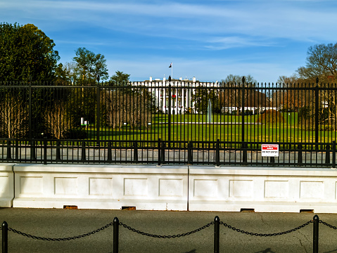 Washington DC, USA - 12.16.2023: White House in Washington DC with beautiful blue sky.