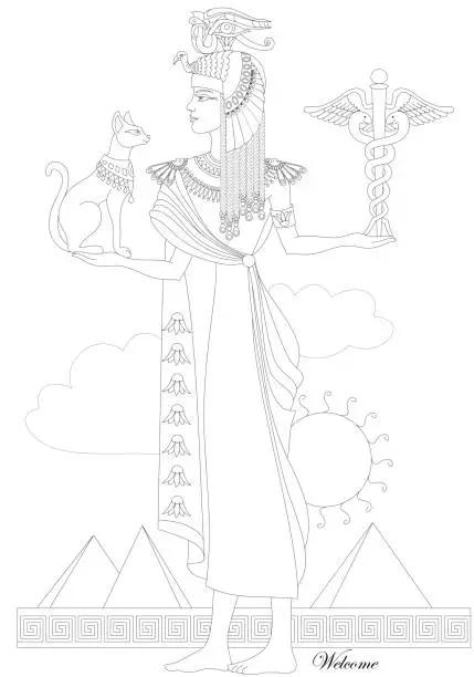 Vector illustration of Black and white page for coloring book. Fantasy drawing of beautiful Egyptian queen in ancient environment. Advertising for travel company. Worksheet for children and adults. Vector image.
