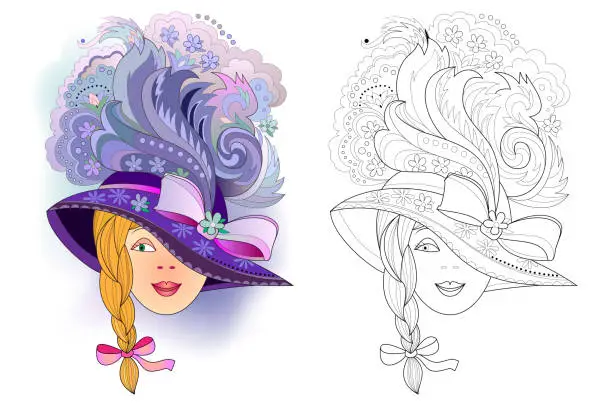 Vector illustration of Fantasy portrait of beautiful girl with fashionable hat. Poster for headdress show. Colorful and black and white page for coloring book. Worksheet for children and adults. Vector cartoon image.