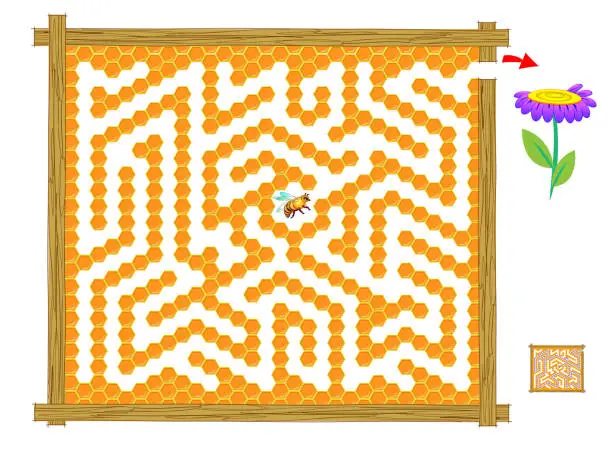 Vector illustration of Logic puzzle game with labyrinth for children and adults. Help the bee find the way out of the honeycomb till flower and draw the line. Printable worksheet for baby book. Vector cartoon image.