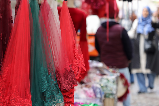 Red tulle in the bazaar in istanbul