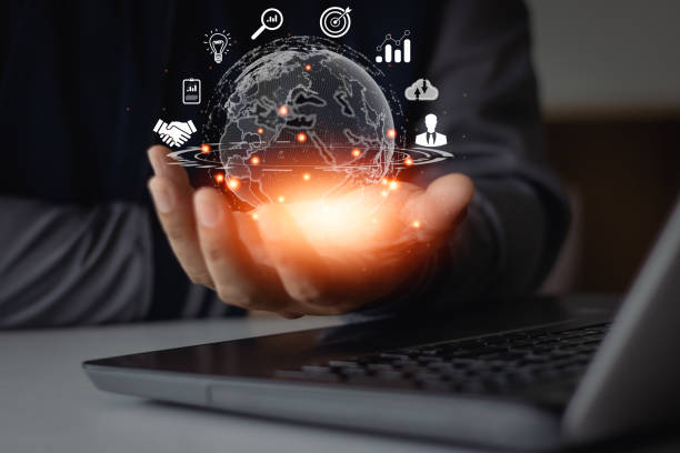 istock Digital marketing, global business concept. Businessman using laptop computer with internet network connection technology solution, market online communication. Financial and banking, big data tech. 1903083256