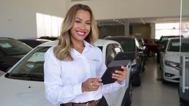 Car saleswoman holding digital tablet