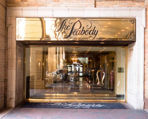 the golden entrance to the historic peabody hotel in memphis, tn - memphis tennessee tennessee skyline history imagens e fotografias de stock