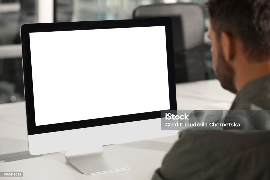 Man Using Modern Computer At White Desk In Office Back View Mockup For ...