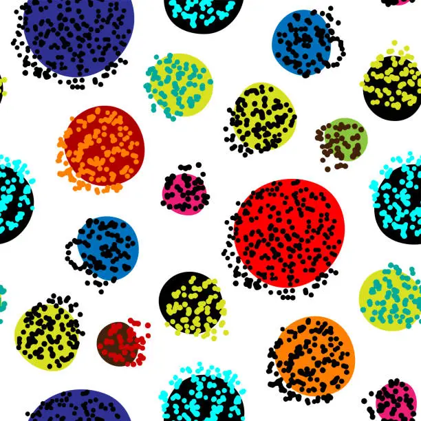 Vector illustration of Small bright colorful multi-colored spotted circles isolated on a white background. Geometric seamless pattern. Vector simple flat graphic hand drawn illustration. Texture.