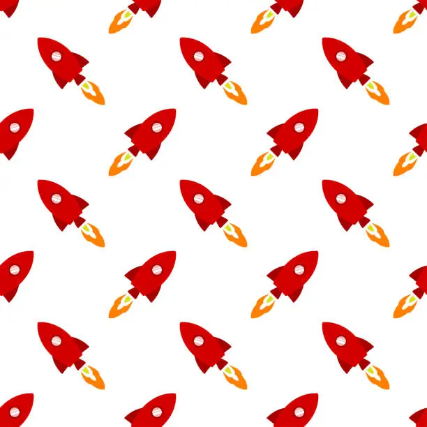 Vector illustration of Small red space rockets isolated on a white background. Cute seamless pattern. Vector simple flat graphic illustration. Texture.