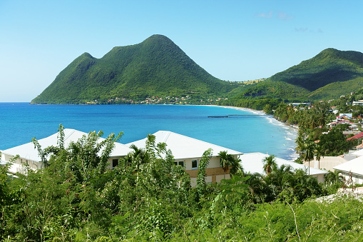 Beach of Anse Le Diamant with the Morne Larcher mountain in background, Martinique