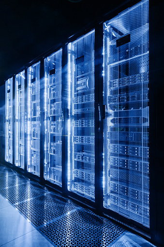 data center in server room with server racks