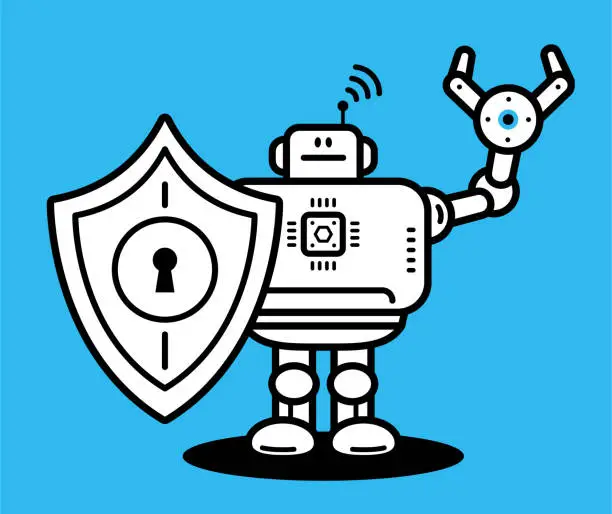 Vector illustration of An Artificial Intelligence Robot holds a shield in one hand and raises the other