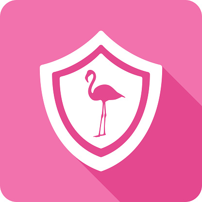 Vector illustration of a shield with flamingo icon against a pink background in flat style.