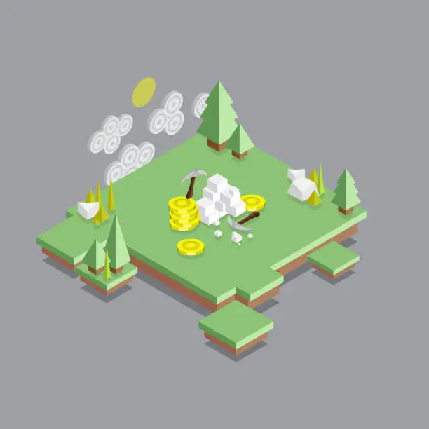 Vector illustration of Isometric Crypto Mining - Cryptocurrency Video Game Concept -
Isometric Projection, Pixelated, Island, Video Game, Three Dimensional