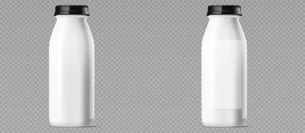Vector illustration of Two-pack of white, shiny plastic bottles with black screw tops, ideal for yogurt or milk. Isolated on white, vector image with a front-facing blank label area. Vector illustration.