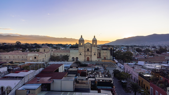 Santo Domingo church in Oaxaca, Mexico, at sunset drone view top