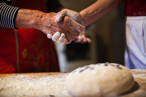 Adult Woman's Hands Shaking at the Culmination of Crafting Traditional Bread Dough