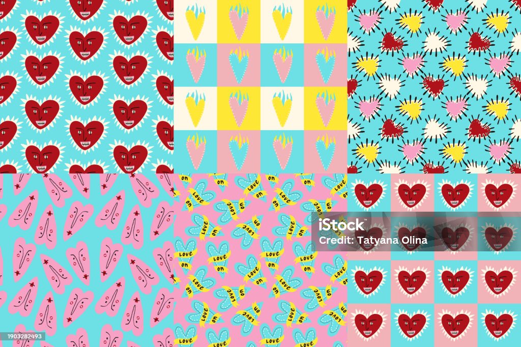 Playful Vector Patterns Bright And Cool Funny Patterns For Valentines Day Seamless Pattern With ...