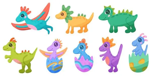 Vector illustration of Set with cute dinosaurs in doodle outline style