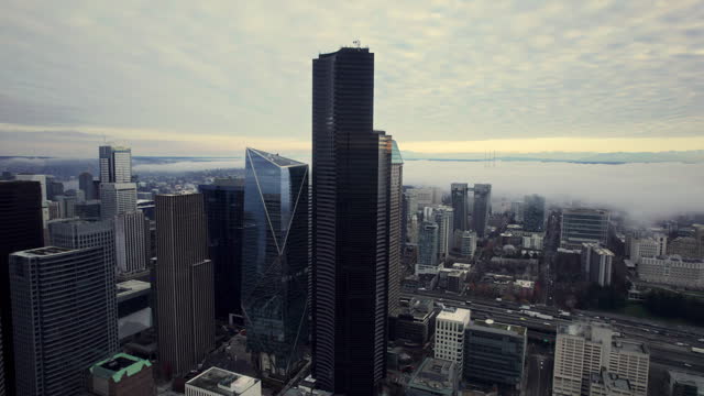 Slow Aerial Pan of Seattle Skyline Skyscraper Buildings