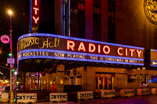 New York, NY, USA - December 11, 2023: Radio City Music Hall is located in the Manhattan neighborhood of New York City and located near Rockefeller Center.