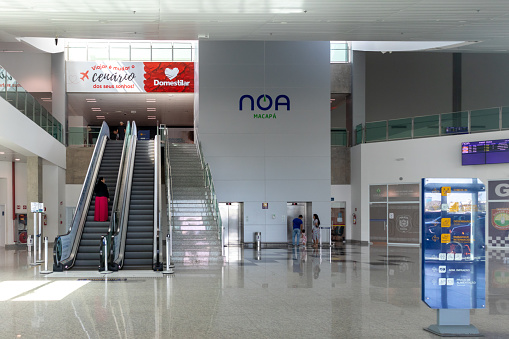 Macapa, Amapa, Brazil - Dec 08, 2023: Interior view: staircase in the departure lounge of Macapa - Alberto Alcolumbre International Airport