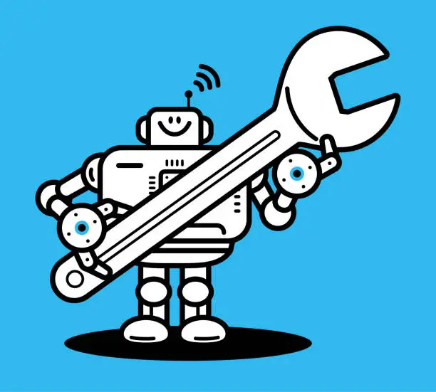 Vector illustration of An Artificial Intelligence Robot holds a big wrench in both hands