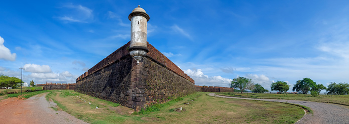 Macapa, Amapa, Brazil - Dec 08, 2023: Walls and sentry post of Fortaleza Sao Jose de Macapa. Inaugurated in 1782, this fortress stands as a testament to colonial military architecture.