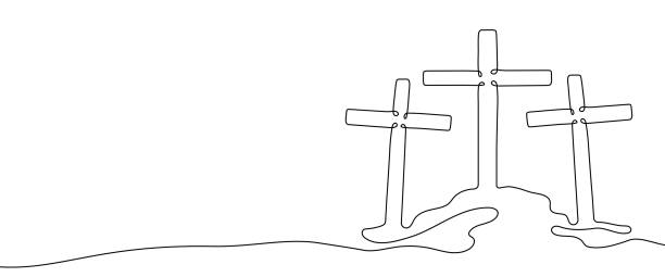 Three Calvary crosses one continuous line vector illustration Three Calvary crosses on hill one continuous line banner template with copy space for text. Minimal vector illustration isolated on white background. Crucifixion of Jesus Christ, resurrection concept crosses with jesus clip art stock illustrations