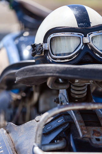 Vintage motorcycle helmet on a motorcycle