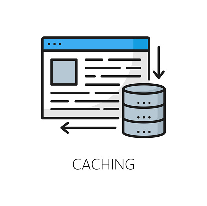 Caching. CDN. Content delivery network icon, website technology thin line sign, blog portal content delivery, upload and update service, CDN outline vector symbol or pictogram with webpage