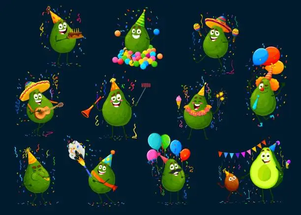 Vector illustration of Cartoon avocado characters on holiday party set