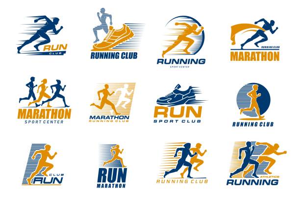 ilustraciones, imágenes clip art, dibujos animados e iconos de stock de iconos del deporte de la carrera de maratón, hombres y mujeres corredores - correr
