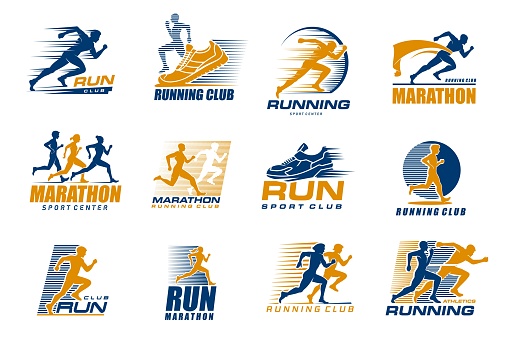 Marathon run sport icons with runner men and women, athletic shoes and finish ribbon vector silhouettes. Running people isolated symbols set for marathon and run sport club, foot race competition