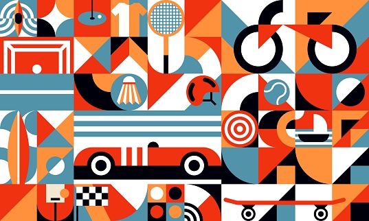 Bauhaus geometric summer sport pattern background with retro cars, abstract vector. Minimal Bauhaus pattern with vintage shapes and geometric forms of summer sport items, bicycle and skateboard