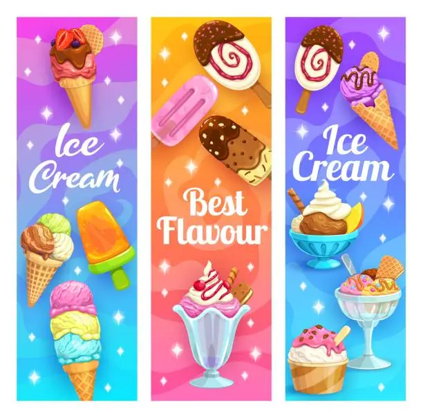 Vector illustration of Cartoon sundae, ice cream on sticks and cones